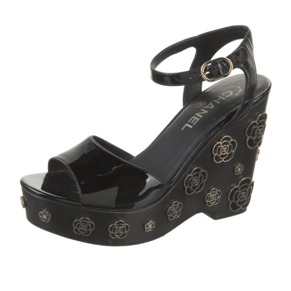 CHANEL Black Floral Wedge Sandals